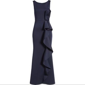 Eliza J Dress Sleeveless Ruffle Front Scuba Mermaid Gown Navy 10 NWT